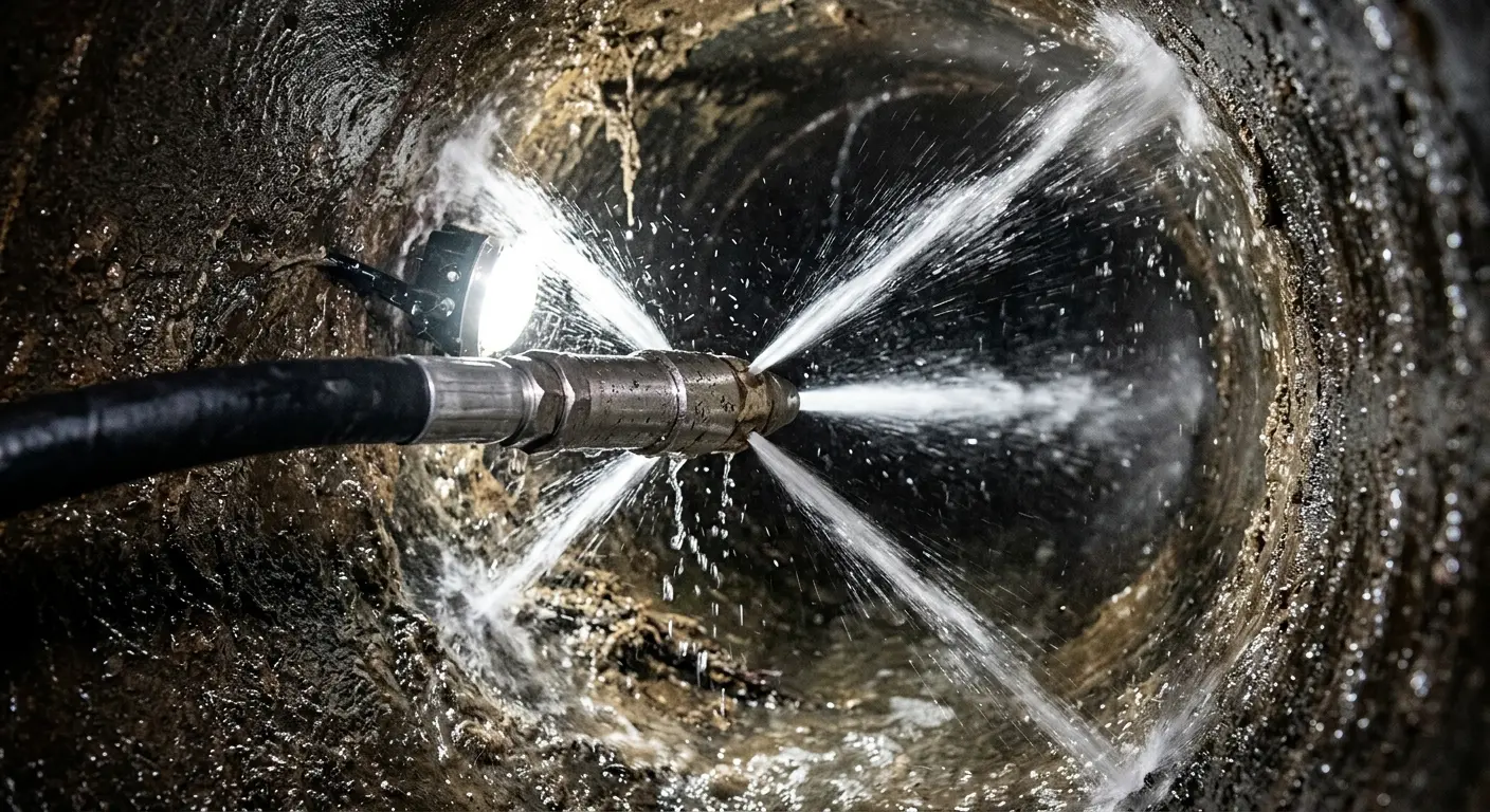 High-pressure hydro jetting nozzle cleaning sewer pipe for Sewer Cleanout in Algona