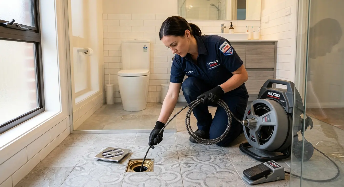Technician clearing a bathroom floor drain for Drain Repair in Algona